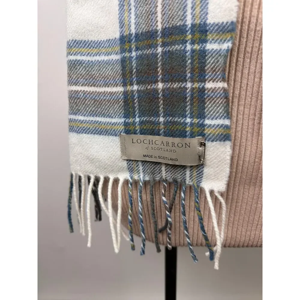 LOCHCARRON Scotland White Gray Blue Scarf Wool Plaid Fringe Rectangle Shaped NWT